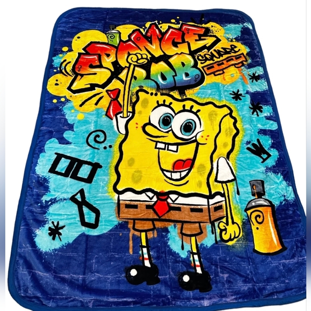 SpongeBob SquarePants Twin Raschel Throw Blanket 60IN. x80IN. Graffiti Bob.
